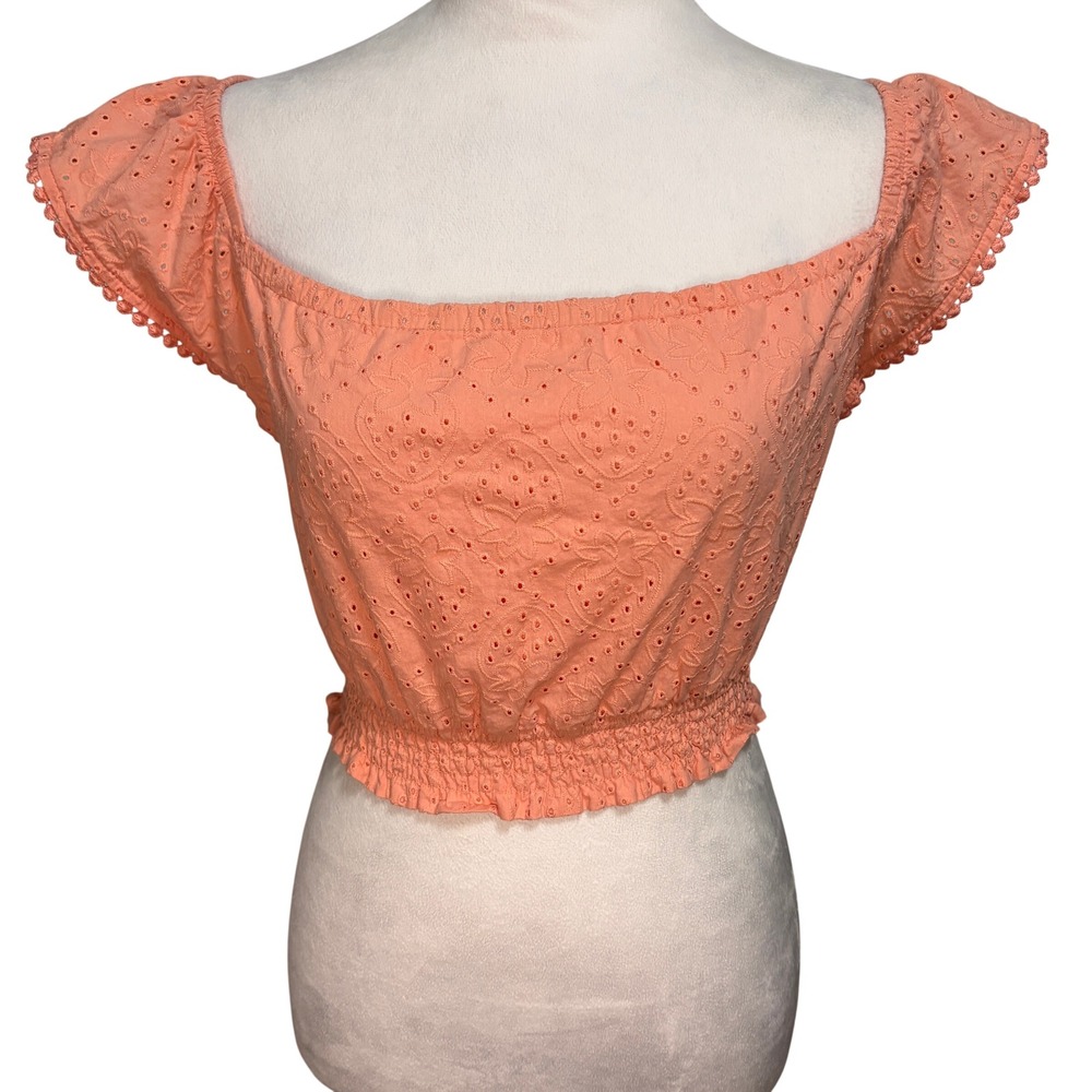 Happily Grey Eyelet Crop Top Women S Peach Fruit‎ Smocked Boho Cottage Prairie